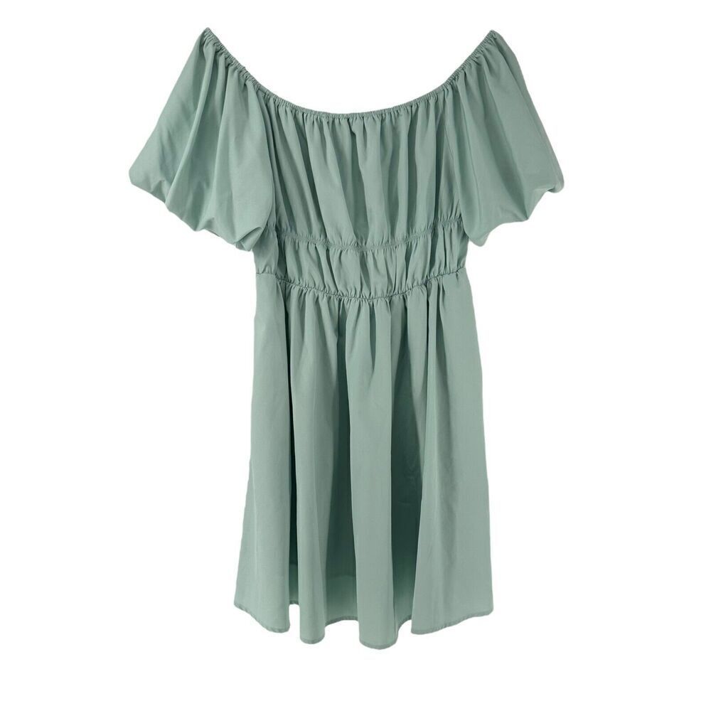 Puff Sleeve Mini Dress A Line Off The Shoulder Green Womens Size L Merokeety